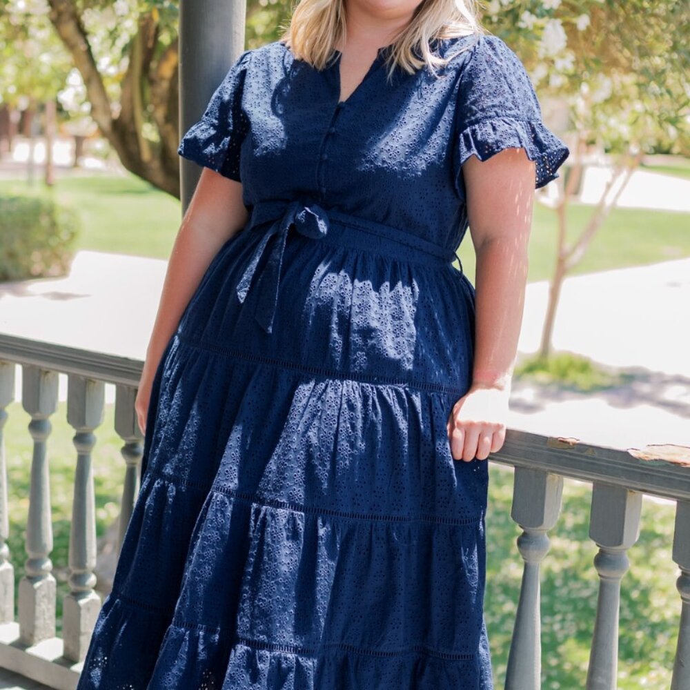 Navy Eyelet Dress – Merrick White - MW Occassion collection